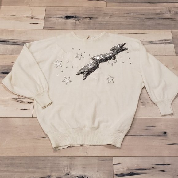 Vintage Christmas/New Years Part Sweater Knit Sparkly Stars/Ribbons Cre… - Picture 12 of 14